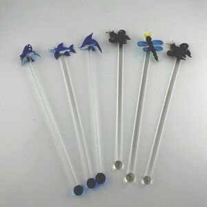 Hand Blown Glass 6 Swizzle Sticks Stir Stick Drink Blue Fish Butterfly Dragonfly